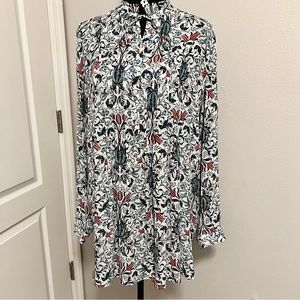 LOFT Women’s Floral Pullover Tunic 1/2 Button Tie Neck Long Sleeve Blouse XL